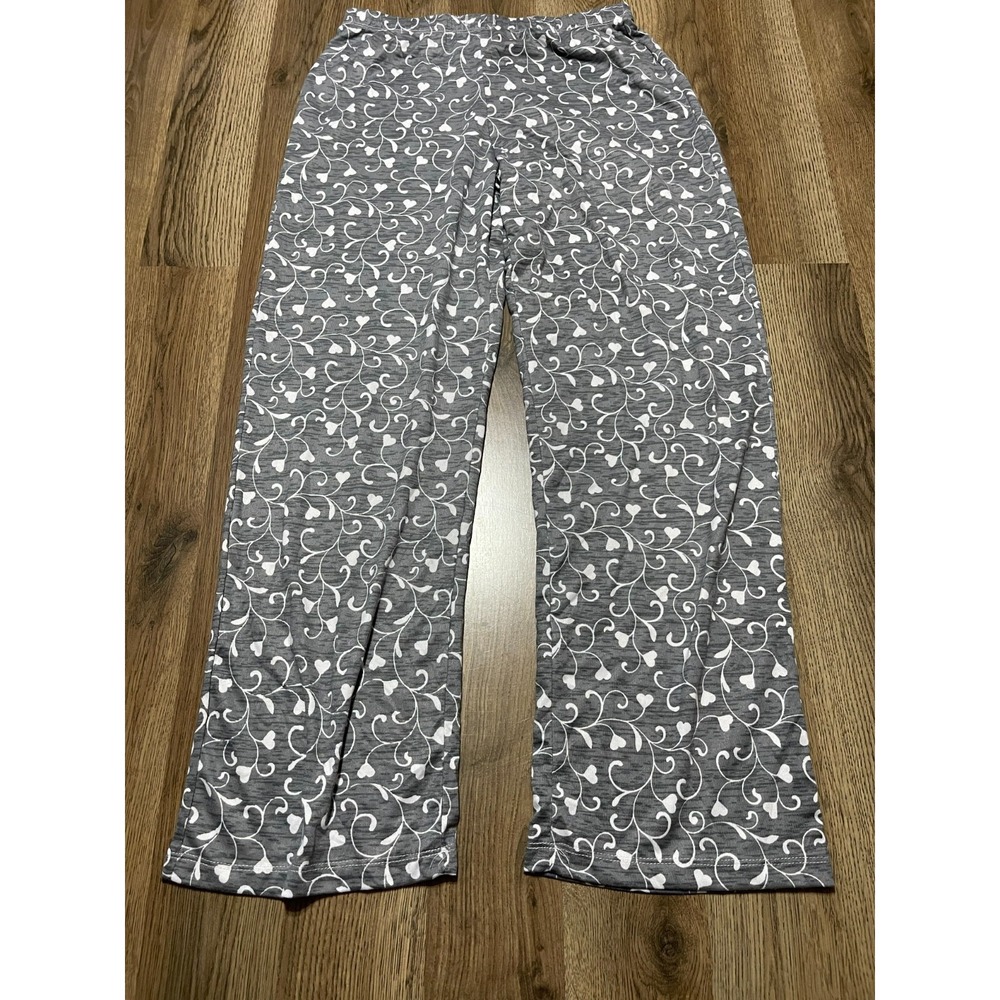 Jasmine Rose Pajama Set, Women's Medium, Gray White, Hearts, Button Up & Pants